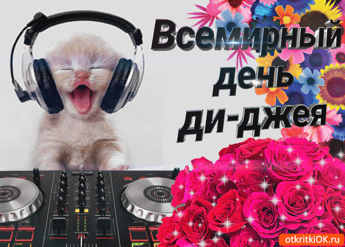 Открытка День ди-джея - Открытка с котиком диджеем и цветами | Красивая открытка #5