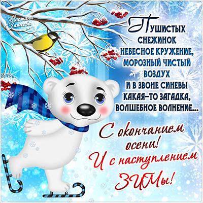 Открытка открытки с первым днем зимы  - Открытка: Белый медвежонок в зимнем лесу | Красивая открытка #4