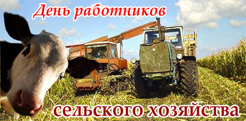 Открытка Открытки на день работников сельского хозяйства и перерабатывающей промышленности  - Корова на фоне трактора: открытка с полем | Красивая открытка #26
