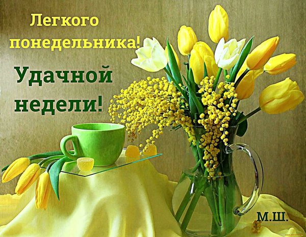 Открытка Хорошей недели - Открытка с мимозой и чашкой | Красивая открытка #15