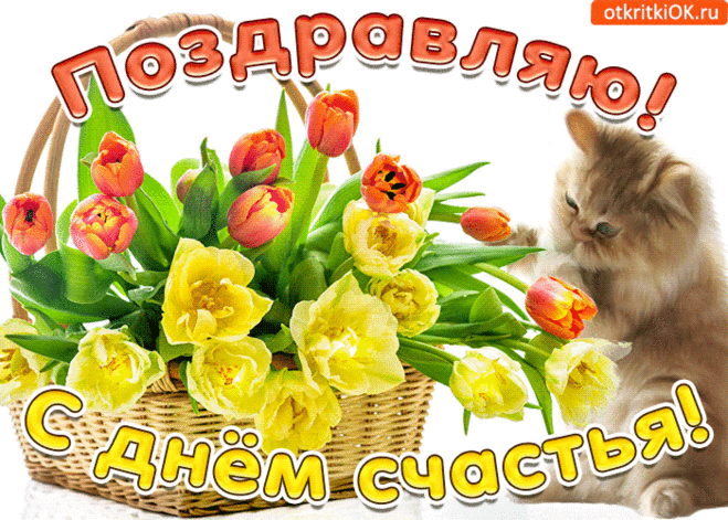 Открытка с днём счастья - Праздничная открытка: цветы в корзине, котенок | Красивая открытка #49