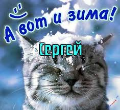 Открытка Открытки с именем Сергей - Снежный кот: Новогодняя открытка с милым котиком | Красивая открытка #38