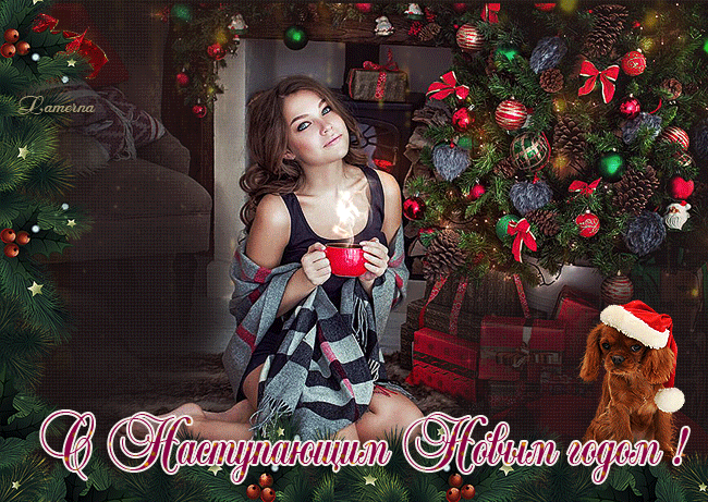 Открытка Открытки с наступающим Новым Годом - Открытка с девушкой и собакой у ёлки | Красивая открытка #8