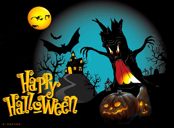 Открытка Открытки с Хэллоуином - Открытка на Хэллоуин: страшное дерево, тыквы и летучие мыши | Красивая открытка #13