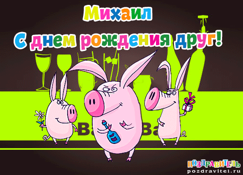 Открытка Открытки с именем Михаил  - Открытка с поросятами на вечеринке  Поздравления | Красивая открытка #92