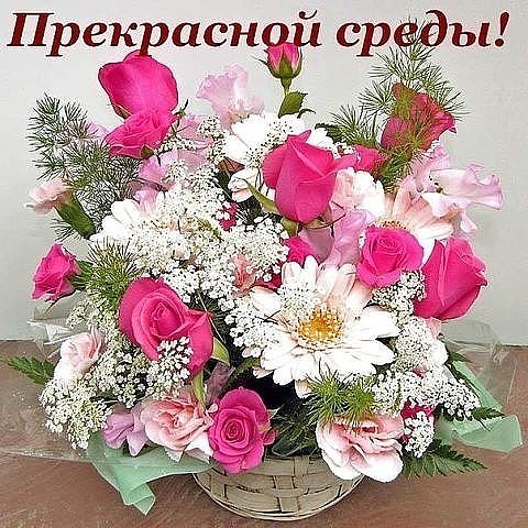 Открытка открытки с пожеланиями хорошей среды - Букет из розовых роз и белых цветов | Красивая открытка #4