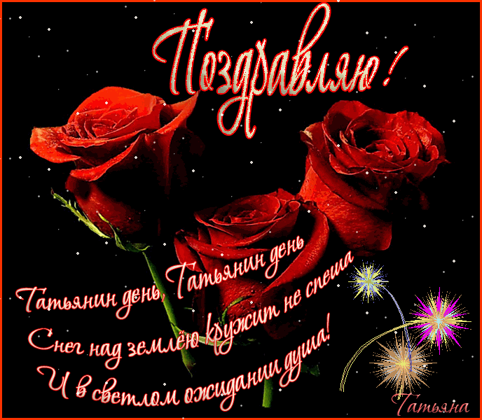 Открытка открытки на Татьянин день  - Открытка с красными розами и фейерверками | Красивая открытка #343