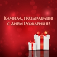 Открытка открытки с именем Камилла - Поздравление с Днём Рождения: Красная открытка с подарками | Красивая открытка #9