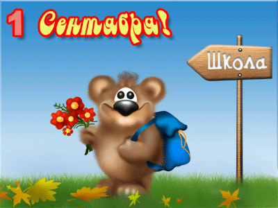 Открытка День знаний - Открытка с мишкой и цветами: 1 сентября, школьный день | Красивая открытка #95