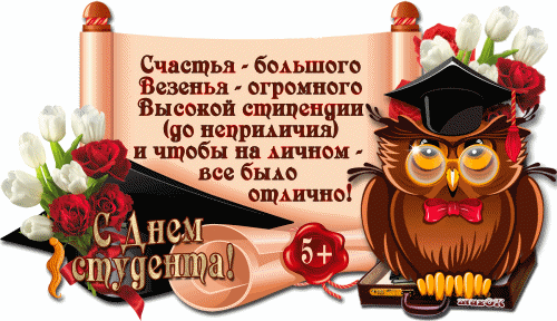 Открытка День студента - Поздравление с 5-кой: Сова в шапке и цветы | Красивая открытка #36