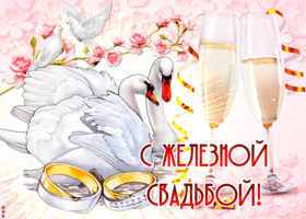 Открытка 65 лет - железная свадьба - Открытка: Лебеди, кольца, цветы, шампанское | Красивая открытка #2