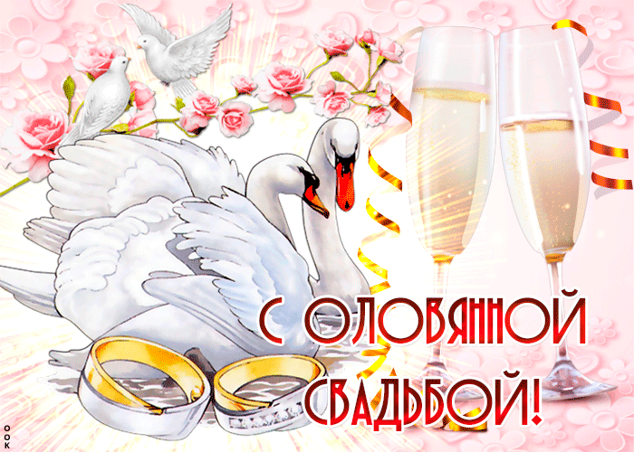 Открытка 10 лет - Оловянная (Розовая) свадьба - Открытка с лебедями и кольцами: поздравления со свадьбой | Красивая открытка #16