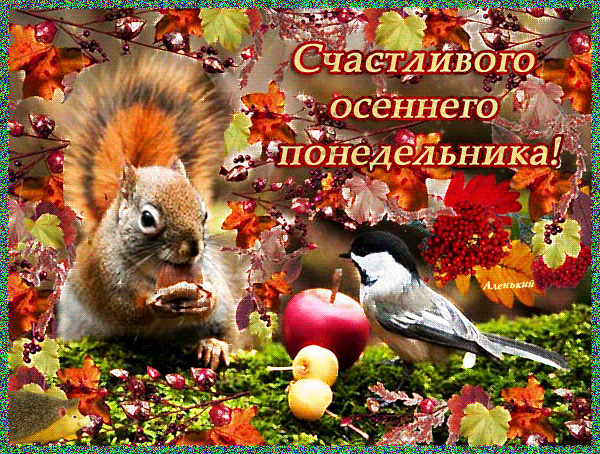 Открытка Открытки на понедельник - Белка с яблоком и синичка: осенняя открытка | Красивая открытка #36
