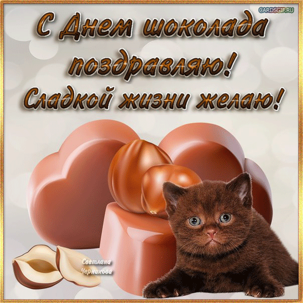 Открытка День шоколада - Открытка с котенком и шоколадными конфетами | Красивая открытка #45