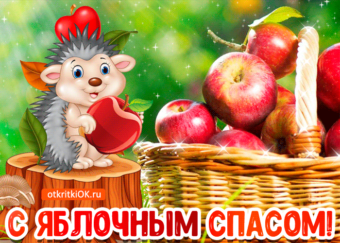 Открытка Открытки с Яблочным Спасом - Открытка с ежом и яблоками  С Днём урожая | Красивая открытка #72