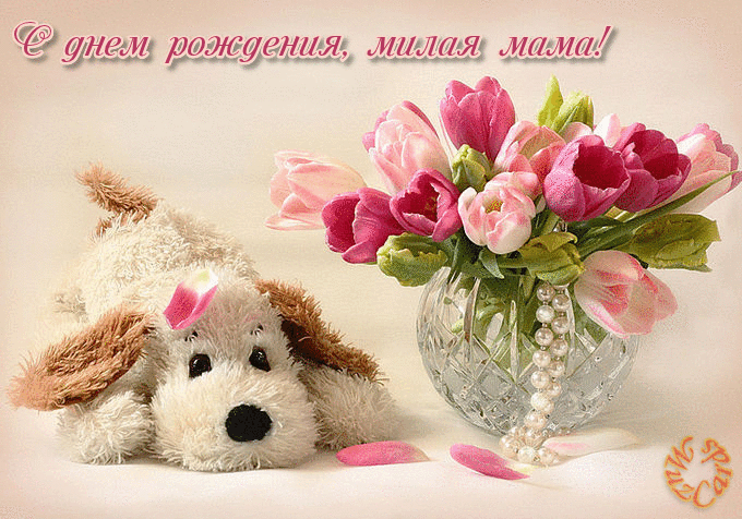 Открытка Открытки с Днем Рождения маме - Игрушечный щенок и букет розовых цветов | Красивая открытка #30