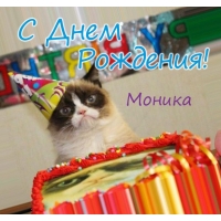 Открытка открытки с именем Моника  - Кот в колпаке с тортом на день рождения | Красивая открытка #20