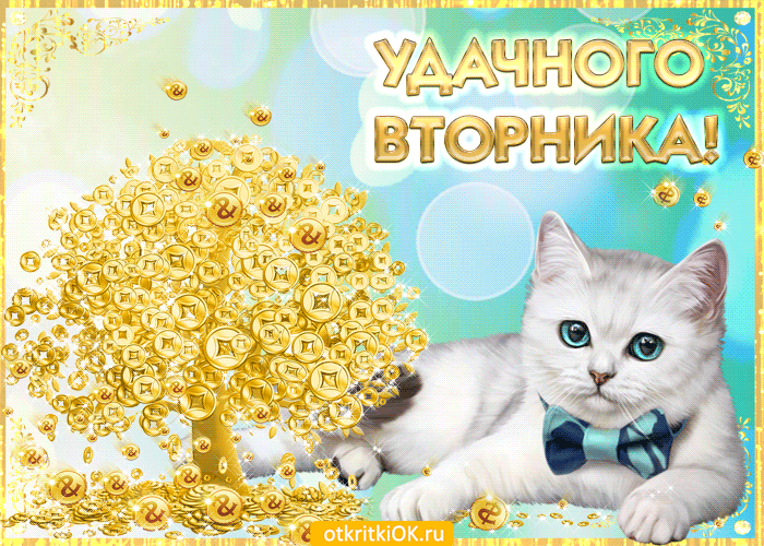 Открытка Дни недели - Открытка с котенком и золотыми монетами | Красивая открытка #45