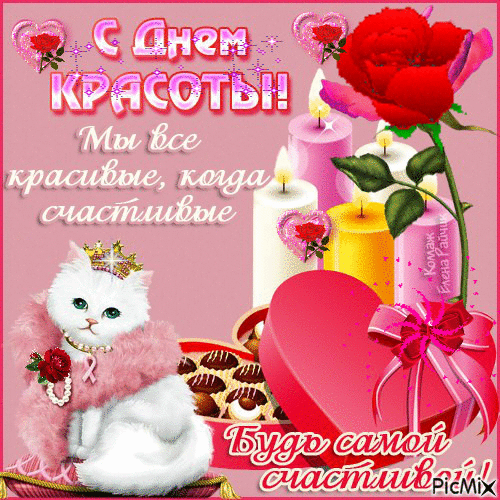 Открытка День красоты - Открытка с котенком и подарками | Красивая открытка #2