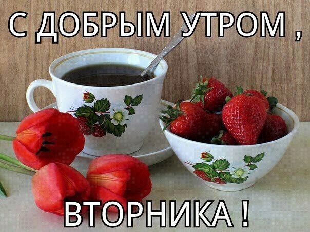 Открытка Открытки на вторник - Утро с чашкой кофе и клубникой | Красивая открытка #88