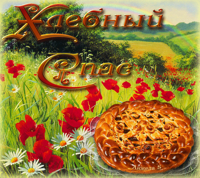 Открытка Открытки с Хлебным Спасом - Пирожок на лугу с маками и ромашками. Открытка. | Красивая открытка #9
