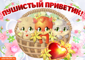 Открытка С приветствием - Открытка с котятами в корзине и сердечком | Красивая открытка #31