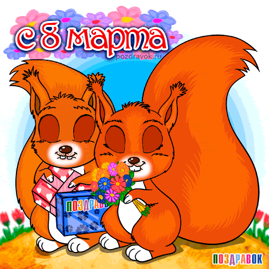 Открытка открытки на 8 марта - Открытка с белками, цветы и подарок | Красивая открытка #62