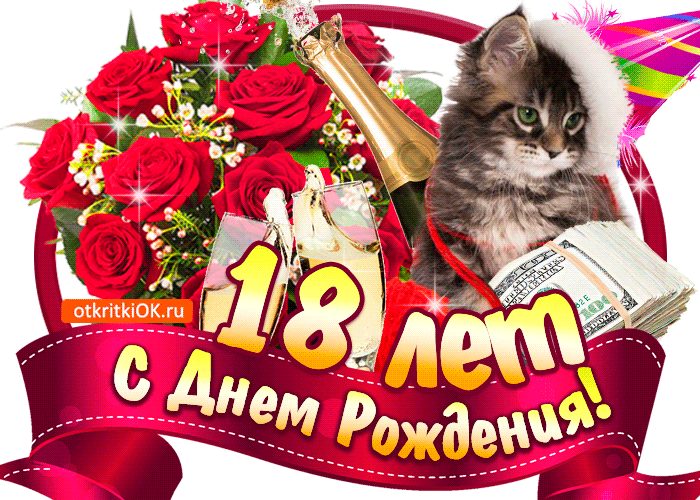 Открытка Открытки на 18 лет - Открытка: 18 лет! День рождения с котенком, цветами и деньгами | Красивая открытка #53