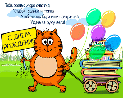 Открытка с днем рождения - Открытка с днем рождения: рыжий кот, книги, шары | Красивая открытка #15