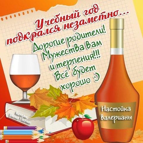 Открытка открытки с приколами на день знаний  - Вино, яблоки, осенние листья, карандаши, бутылка | Красивая открытка #2