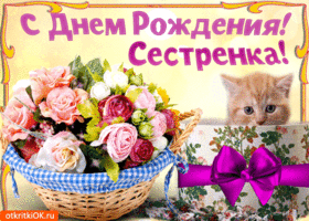 Открытка Открытки с Днем Рождения сестре - Открытка с цветами и котенком | Красивая открытка #25
