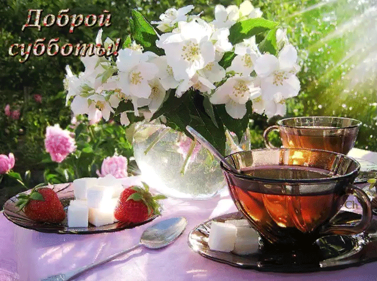 Открытка Открытки на субботу - Открытка с клубникой, сахаром и цветущей жасмонином | Красивая открытка #59