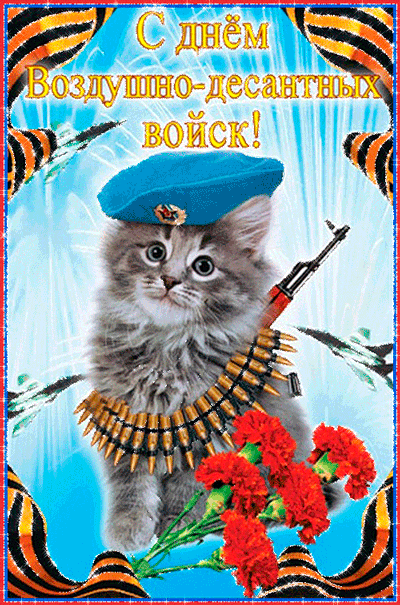 Открытка Открытки с днем ВДВ - Открытка с котом в каске и оружием | Красивая открытка #5