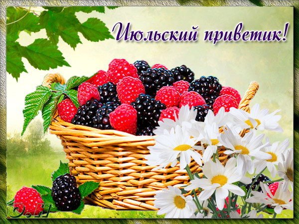 Открытка Июльский - Открытка с ягодами в корзине и ромашками | Красивая открытка #3