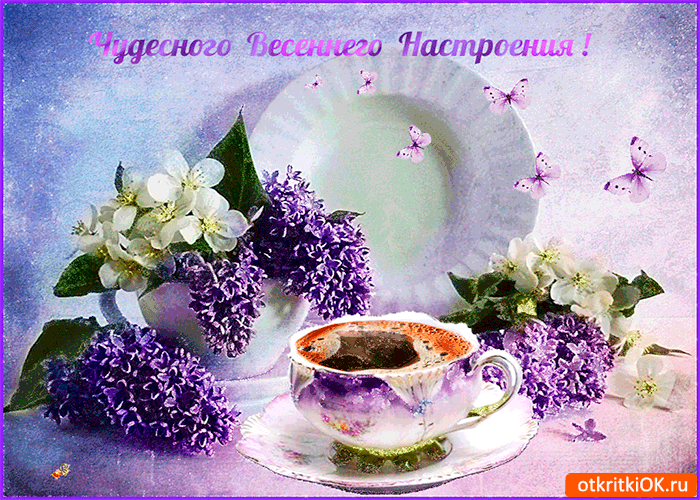 Открытка Открытки весенняя пора - Открытка с сиренью и чашкой | Красивая открытка #116