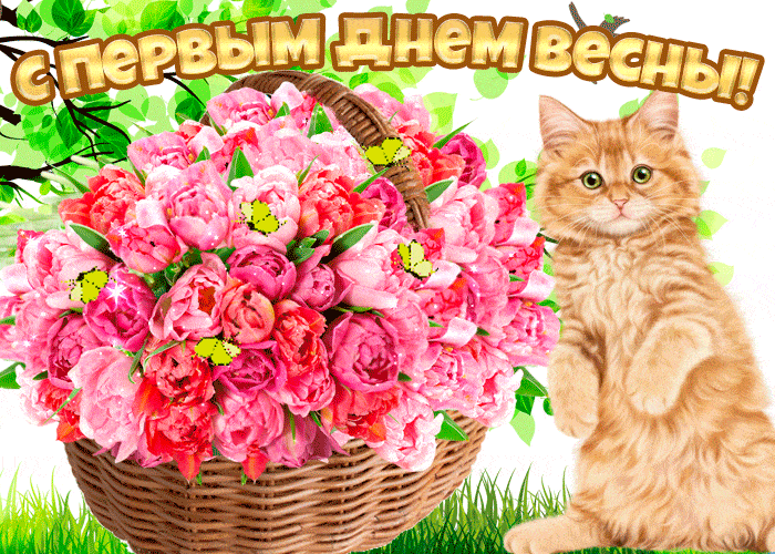Открытка  С первым днем весны - Открытка: Цветы в корзине и котенок | Красивая открытка #58