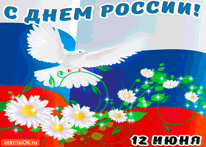 Открытка Открытки с днем России - Белый голубь на фоне российского флага с цветами | Красивая открытка #16