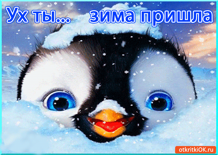 Открытка Первый день зимы - Открытка с пингвинчиком на фоне снега | Красивая открытка #20