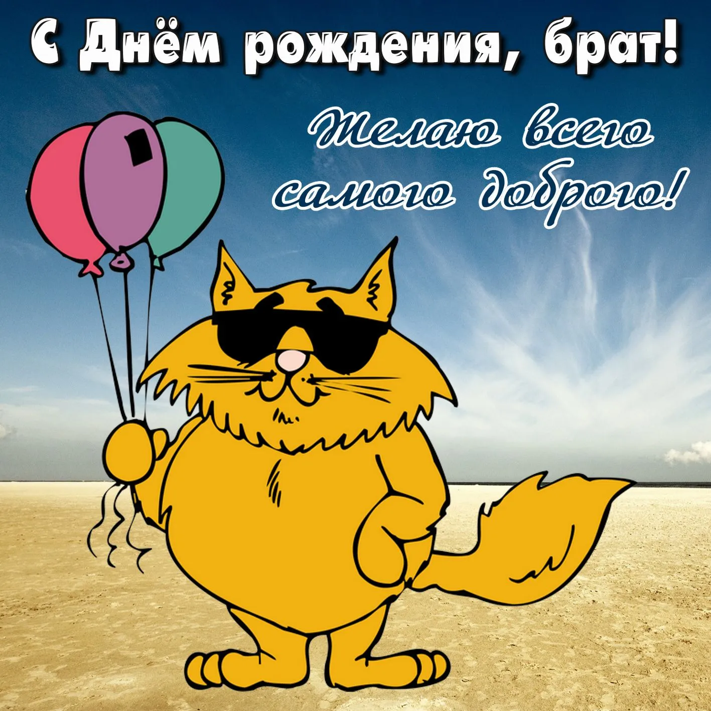 Открытка С днём рождения брат! - Открытка с котом в солнцезащитных очках и шарами | Красивая открытка #42
