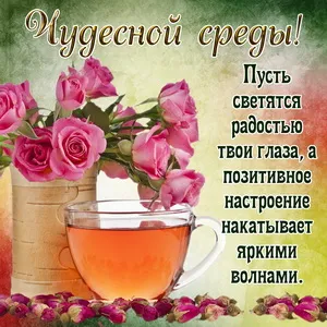 Открытка Со средой - Розы в чашке: нежная открытка с цветами | Красивая открытка #29