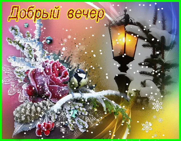 Открытка Добрый зимний вечер - Зимняя сказка: снежинки, птички и цветущая веточка | Красивая открытка #15