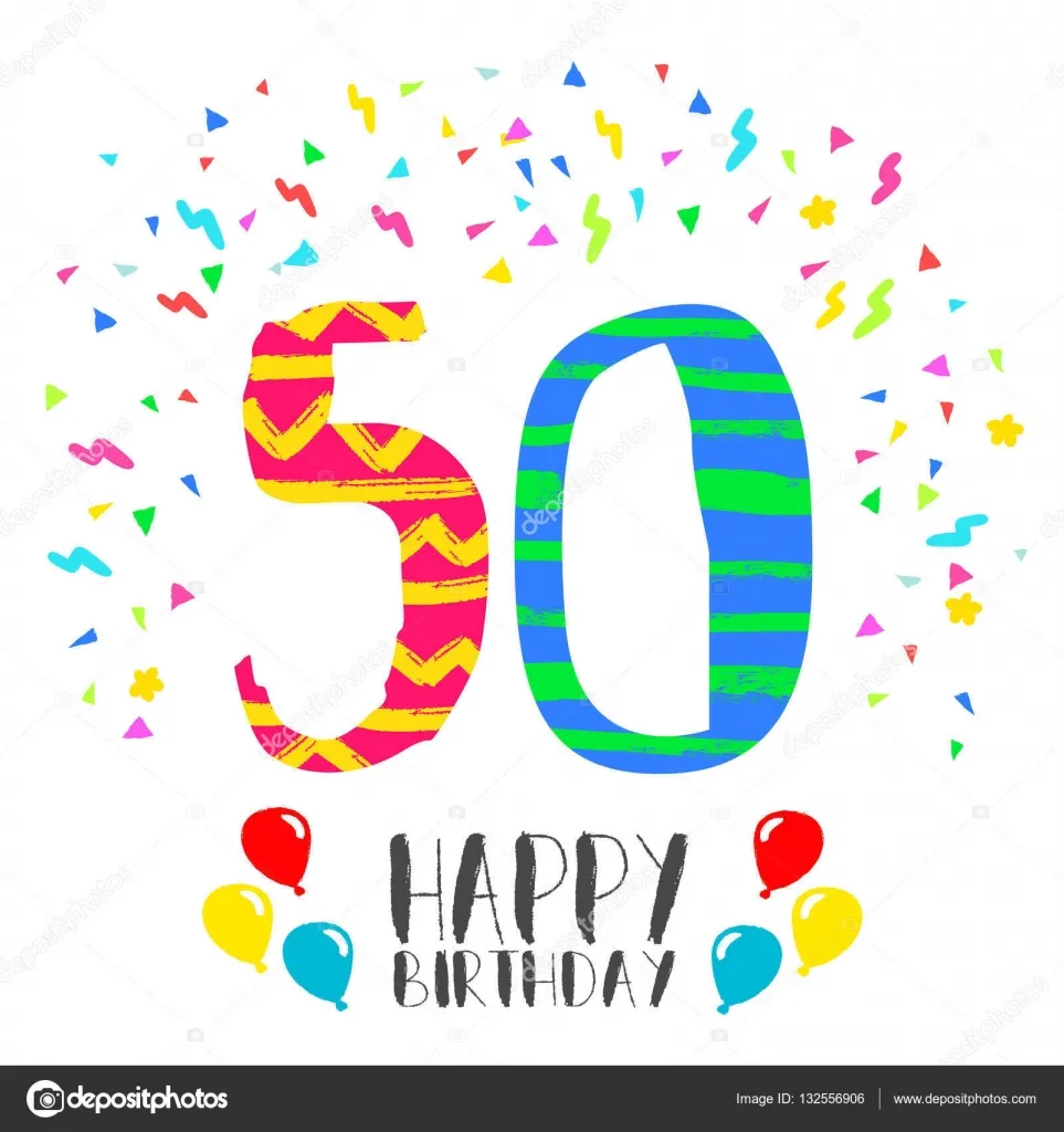 Открытка Открытки на 50 лет - Открытка С Днем Рождения: Цифра 50, Воздушные Шары, Конфетти | Красивая открытка #64