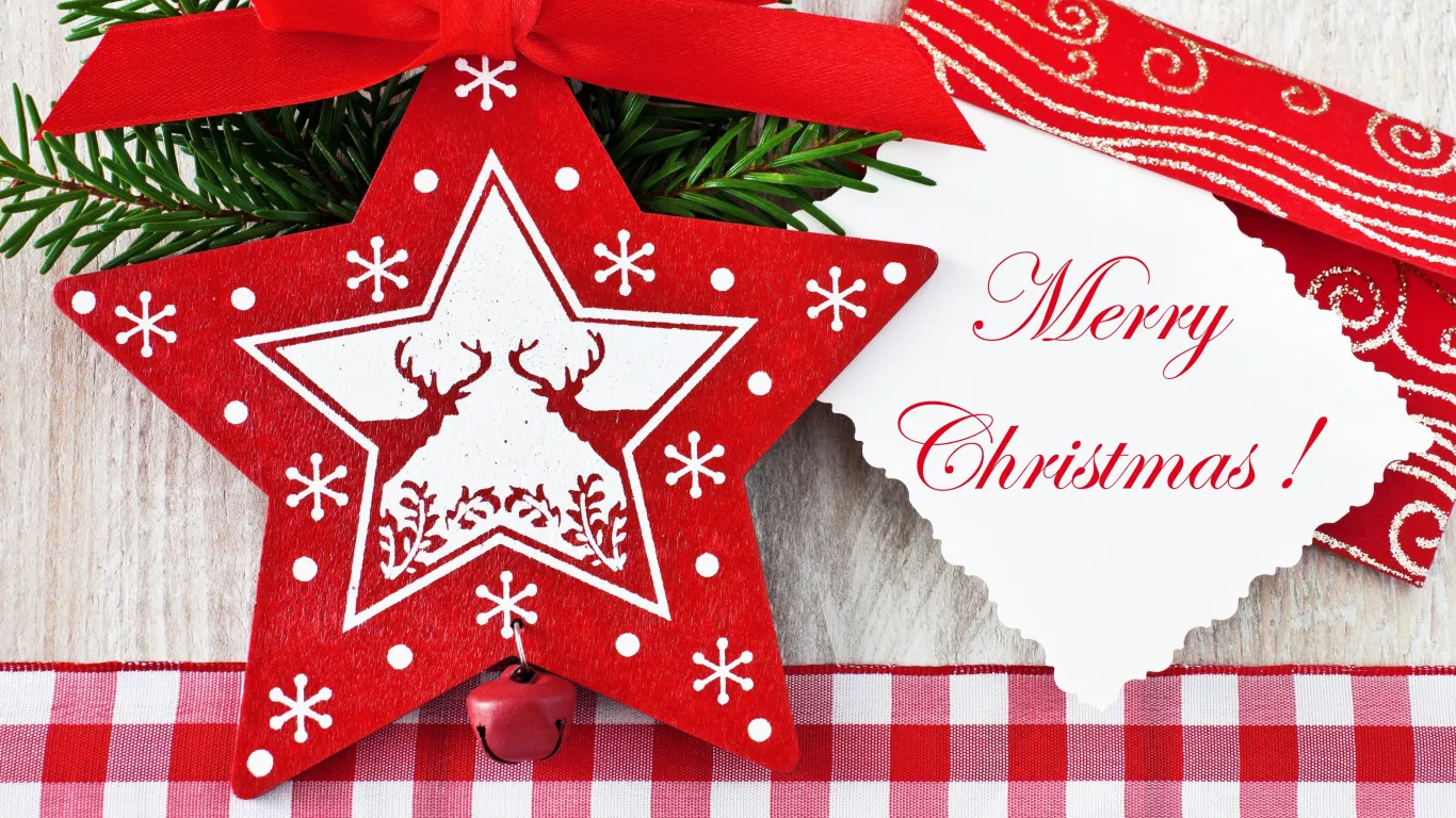 Открытка Merry Christmas - Звезда с оленем и колокольчиком. Открытка с надписью Merry Christmas | Красивая открытка #54