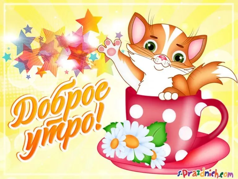 Открытка Доброе утро - Открытка с котиком и чаем: доброе утро! | Красивая открытка #494