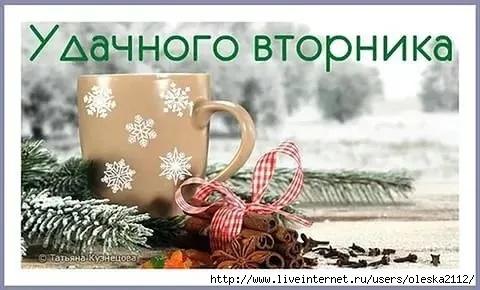 Открытка Открытки на вторник - Зимняя открытка: кружка, ель, специи, снег | Красивая открытка #125
