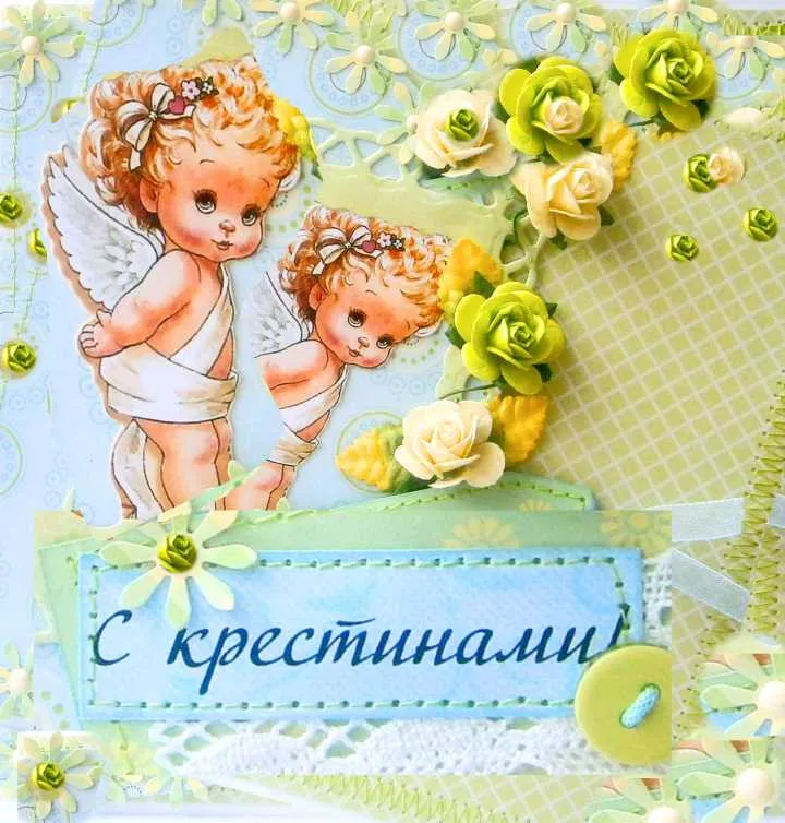 Открытка Крестины малыша - Открытка с ангелом и цветами  С крестинами | Красивая открытка #3