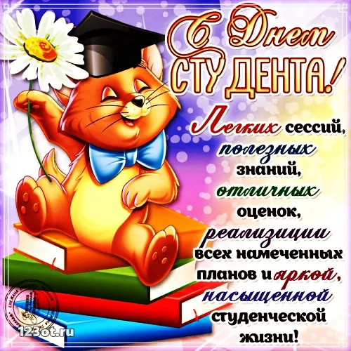 Открытка открытки на день студента  - Открытка С Днём Студента: Кот с дипломом и цветами | Красивая открытка #90
