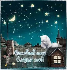 Открытка Спокойной ночи - Открытка: Ночь, крыша, котенок, звездное небо | Красивая открытка #148