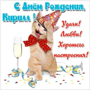 Открытка Открытки с именем Кирилл  - Котенок с шариками и бокалом: Открытка с Днем рождения | Красивая открытка #115