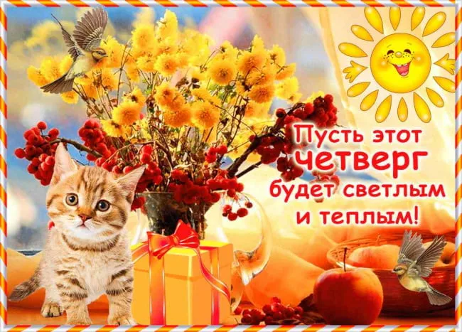Открытка Четверг - Кот с подарками и осенним пейзажем. Открытка | Красивая открытка #37